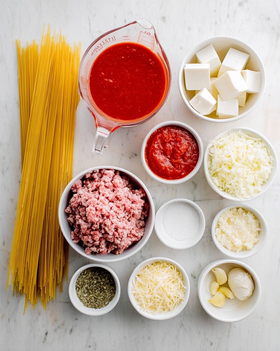 The image shows a variety of ingredients arranged neatly on a white marbled surface. On the left, there is a bundle of uncooked yellow spaghetti. Next to it is a white bowl filled with five uneven white cheese cubes. Below that is a glass measuring cup filled with bright red tomato sauce. To the center right, there is a beige bowl with raw pink ground meat. Below it is a small white bowl filled with white chopped onions. To the right of the onions is a white bowl filled with pale yellow shredded cheese. Above that, there is a round beige plate with green dried herbs. Next to it, a small white bowl with salt, and another small white bowl containing light brown breadcrumbs. Finally, a small white bowl at the bottom right holds finely chopped garlic. photo taken with an iphone --ar 4:5 --v 7