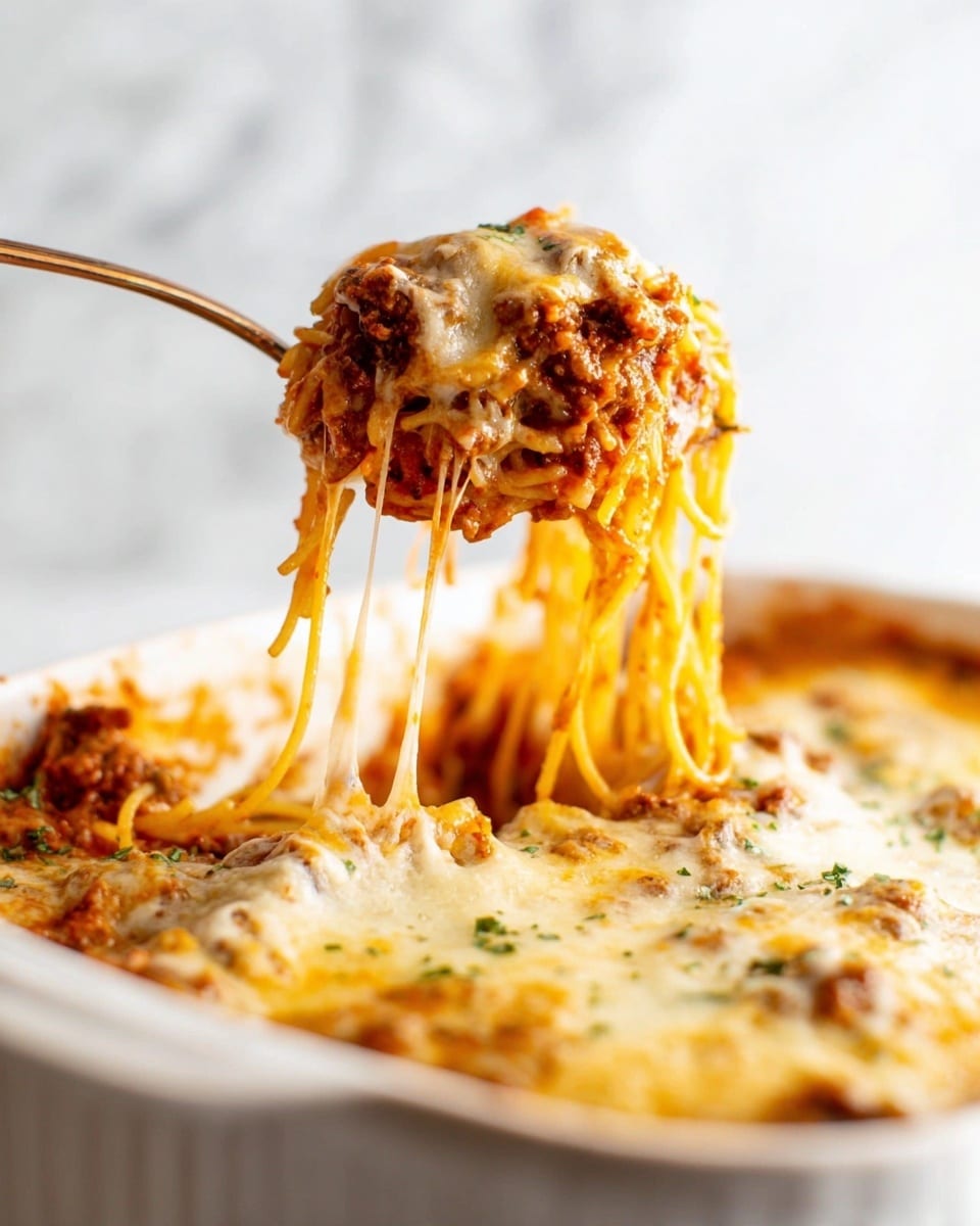 A spoon lifts a serving from a white baking dish, showing three main layers: at the bottom, spaghetti noodles coated in a reddish-brown meat sauce; in the middle, a thick layer of browned, mixed meat sauce with visible meat pieces; and on top, a layer of melted, creamy white cheese that stretches slightly as the spoon lifts the pasta. The background and surface have a clean white marbled texture, and small green herb bits are scattered lightly on the cheese. photo taken with an iphone --ar 4:5 --v 7