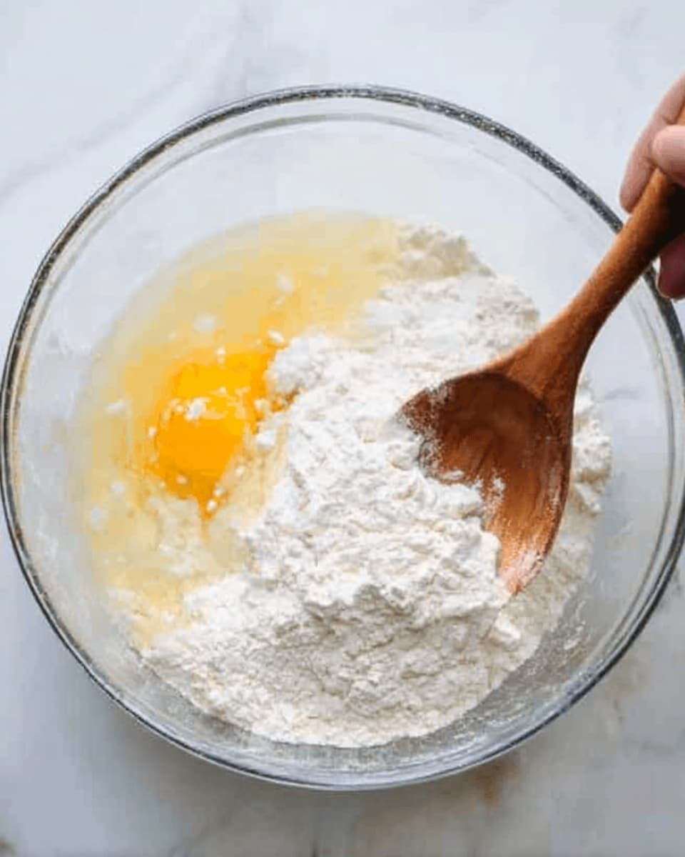 A clear glass mixing bowl on a white marbled surface holds a mixture of flour, a cracked egg, and some liquid. A wooden spoon rests inside the bowl, with a woman's hand holding the spoon's handle. The flour is white and powdery, sitting on top of the yellow egg and liquid mixture below, creating a layered effect. The scene is well-lit, showing the textures of the dry flour and smooth liquid clearly. Photo taken with an iphone --ar 4:5 --v 7