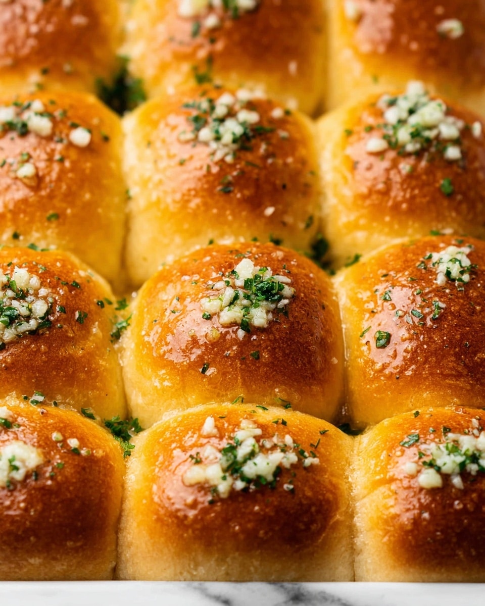 A close-up view of a batch of golden-brown dinner rolls arranged tightly in a white baking tray. Each roll has a smooth shiny top with a rich amber color, showing a soft texture. The tops are sprinkled generously with small white garlic pieces and chopped green herbs, adding a fresh touch. The rolls are placed side by side, with slightly visible soft, light beige sides between them. The whole scene rests on a white marbled surface. photo taken with an iphone --ar 4:5 --v 7