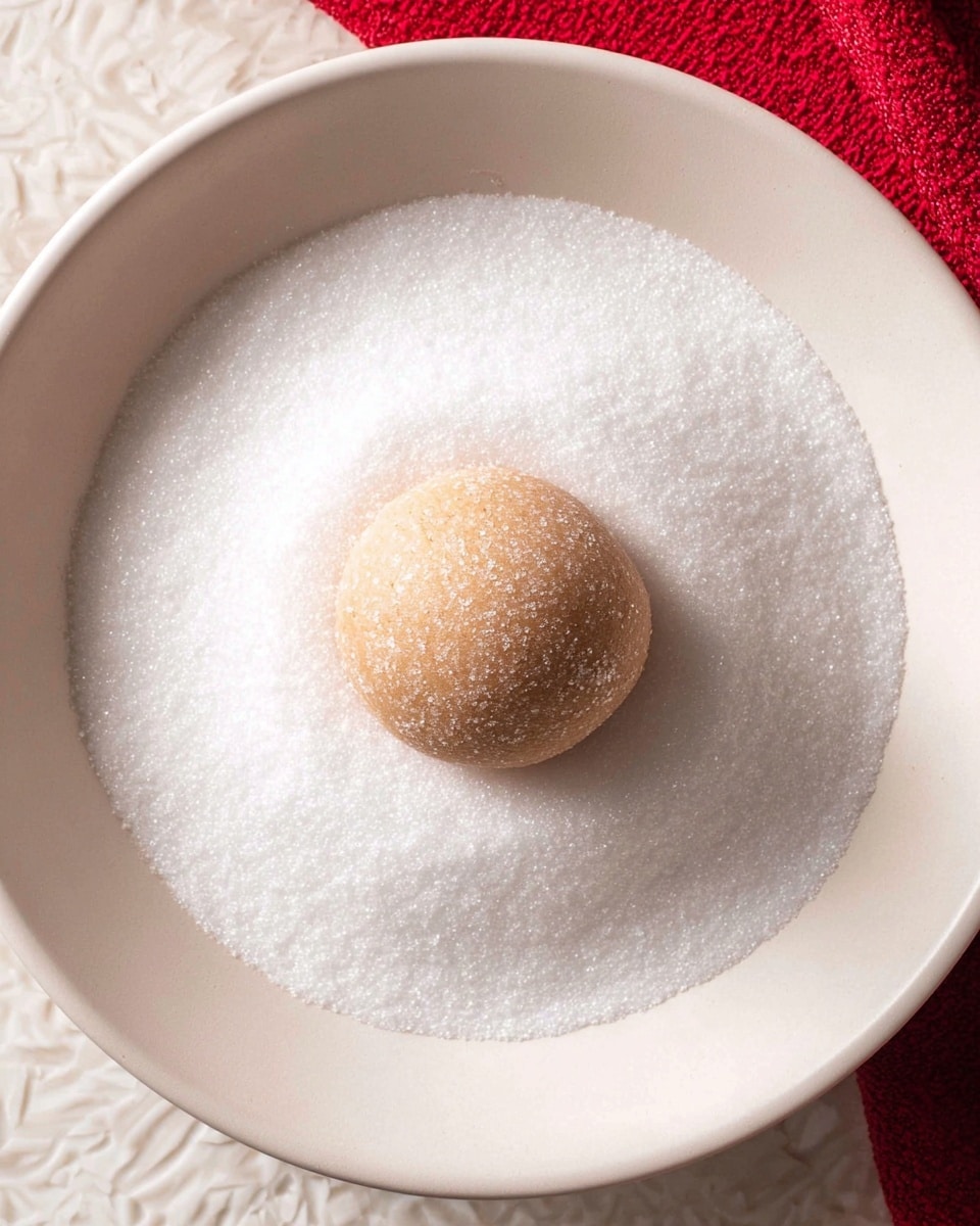 A single round dough ball with a light tan color is centered in a shallow white bowl, resting on a large, even layer of fine white granulated sugar that fills the bowl. The dough ball has a light dusting of sugar on its surface, giving it a slightly frosted look. The bowl sits on a white marbled surface with a textured pattern, and a red cloth is partially visible near the bottom edge. The lighting is soft and even, highlighting the smooth texture of the dough ball and the crystalline texture of the sugar. photo taken with an iphone --ar 4:5 --v 7
