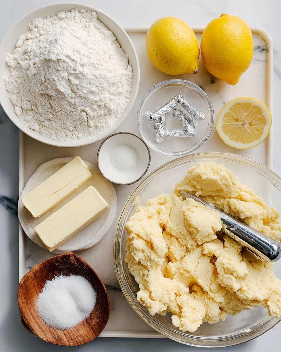 The image shows two parts: on the left, a white bowl filled with white flour sits near a smaller white bowl of sugar, two sticks of butter wrapped in silver foil, a glass bowl of granulated sugar, a halved lemon, two whole lemons, a small white bowl with egg whites, and a small wooden dish holding white powders like baking soda and salt, all placed on a white marbled tray. On the right, there is a large clear glass bowl with crumbly dough inside, pale yellow in color with a rough texture, and a metal ice cream scoop resting inside the dough. The background is a white marbled texture. photo taken with an iphone --ar 4:5 --v 7