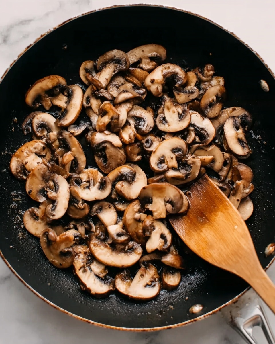 A black pan filled with sliced, cooked mushrooms, showing a mix of light brown and darker brown colors with a slightly shiny, soft texture. A wooden spoon rests on the right side of the pan, stirring the mushrooms. The background features a white marbled surface. Photo taken with an iphone --ar 4:5 --v 7