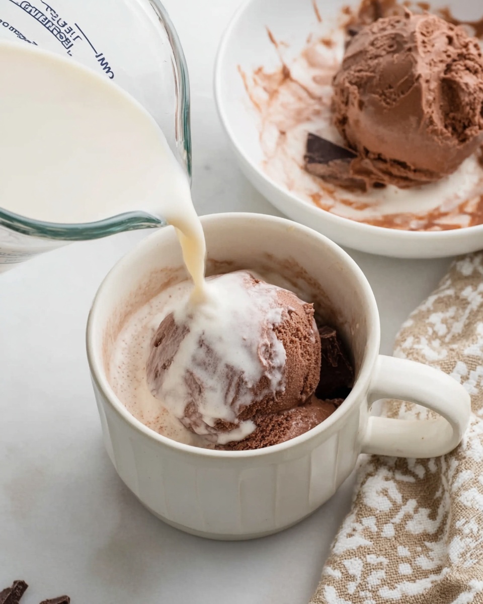 A white mug is shown with chocolate ice cream inside, with cold milk being poured over it, creating a light brown frothy mix with visible chunks of chocolate ice cream melting in the swirl. Near the mug, there is a white bowl holding a smooth scoop of chocolate ice cream, alongside a white plate with scattered chocolate powder on it, all set on a white marbled surface next to a beige and white striped cloth. photo taken with an iphone --ar 4:5 --v 7