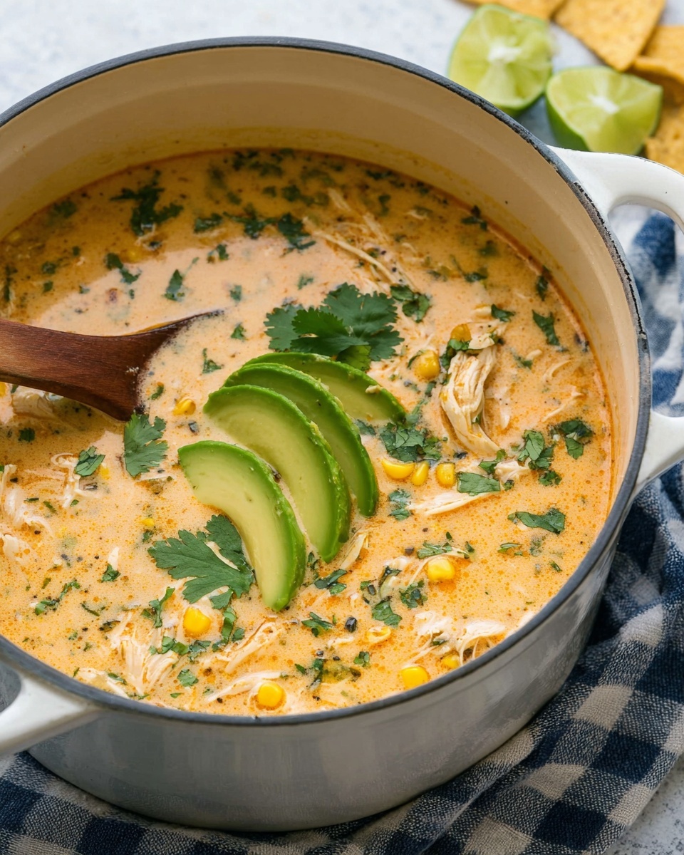 A large white pot filled with creamy light orange soup that has visible chunks of shredded chicken, yellow corn, and green herbs mixed throughout. On top of the soup, there is a fan of bright green avocado slices arranged neatly in the center, with fresh cilantro leaves scattered over the surface. A wooden spoon rests inside the pot, partially submerged in the soup. In the background, pieces of lime and light-colored tortilla chips are slightly blurred on a white marbled surface. The pot sits on a checkered cloth, adding a cozy touch to the scene. photo taken with an iphone --ar 4:5 --v 7