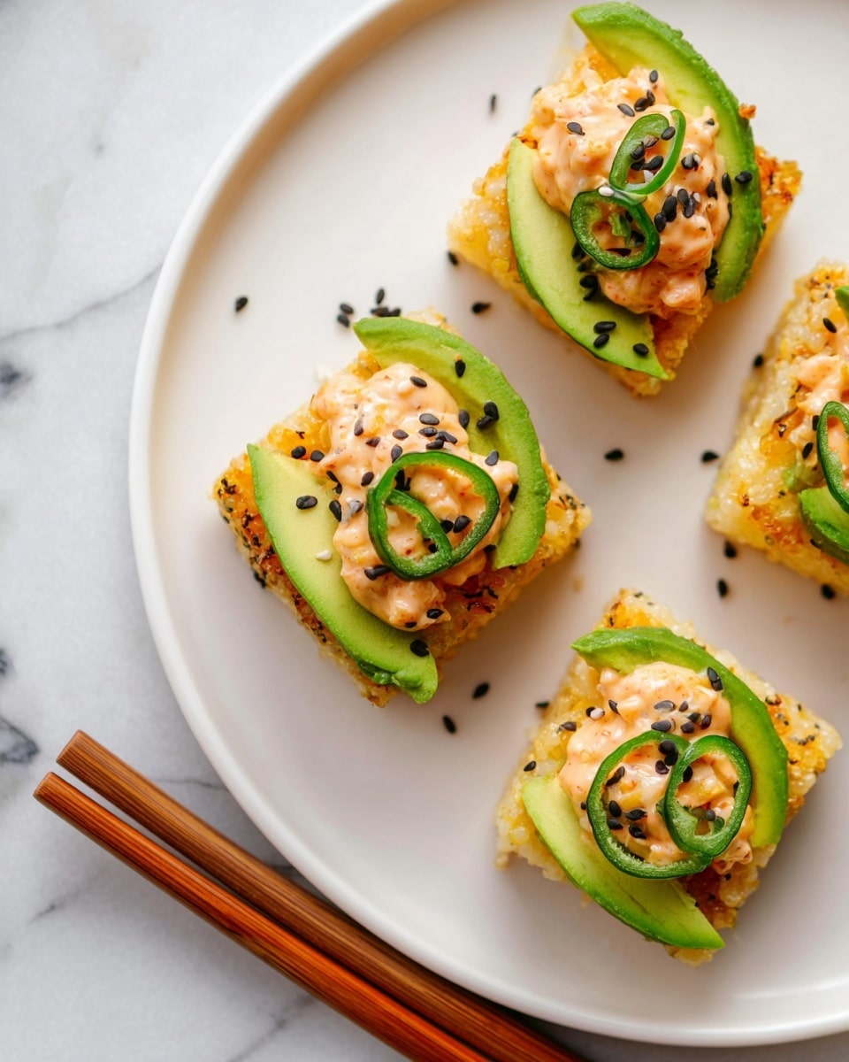 This image shows four small square rice cakes on a white plate, each topped with bright green avocado slices, a dollop of creamy light orange sauce mixed with small pieces of a pinkish ingredient, and thin slices of fresh green chili pepper. Black and white sesame seeds are scattered over the top, adding texture and contrast. The rice cakes have a golden-brown crispy texture on the outside. The plate sits on a white marbled surface with a pair of wooden chopsticks placed near the bottom left corner. photo taken with an iphone --ar 4:5 --v 7