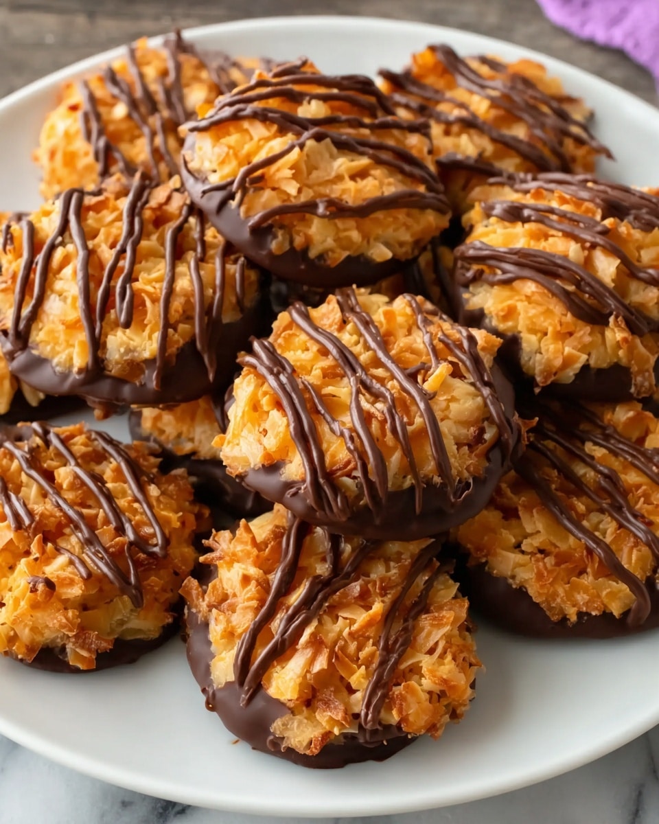 A stack of five round cookies with a dark chocolate base and a thick layer of light brown caramel mixed with shredded coconut on top. Each cookie is drizzled with thin lines of dark chocolate that add texture and detail. The cookies are placed on a wooden surface, with a white marbled background softly visible behind them, and a blurred milk bottle in the background. photo taken with an iphone --ar 4:5 --v 7