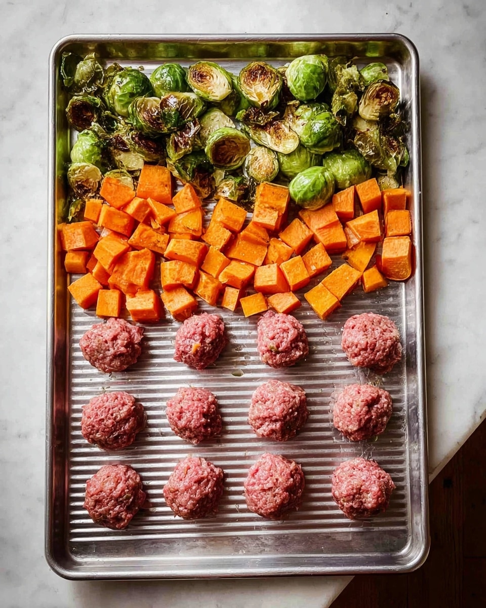A metal baking tray on a white marbled surface holds three rows of raw meatballs at the bottom, each meatball round and pinkish-red with a slightly rough texture. Above the meatballs, chunks of roasted orange sweet potatoes are scattered, showing a soft texture with some darker roasting marks. Among the sweet potatoes, there are green Brussels sprouts, some with browned, crispy outer leaves, mixed in an irregular arrangement. The tray’s ridged surface and slight shine catch the light, creating subtle shadows under the food. photo taken with an iphone --ar 4:5 --v 7
