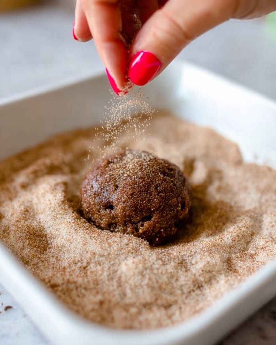 A close-up of a dark brown cookie dough ball in the middle of a white rectangular dish filled with light brown cinnamon sugar. A woman's hand with bright red nail polish sprinkles more cinnamon sugar over the dough ball, which has a rough, soft texture. The white marbled surface around the dish blends softly into the background. Photo taken with an iphone --ar 4:5 --v 7