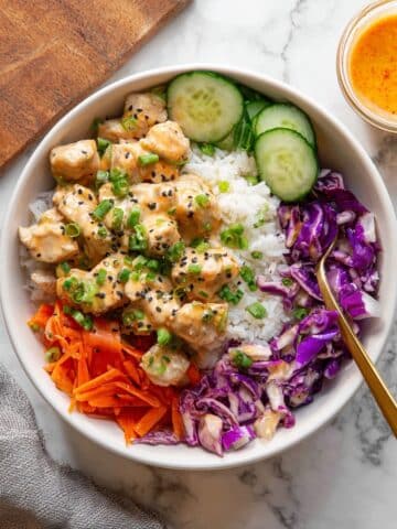 Bang Bang Chicken Bowls with Spicy Veggies and Jasmine Rice Recipe