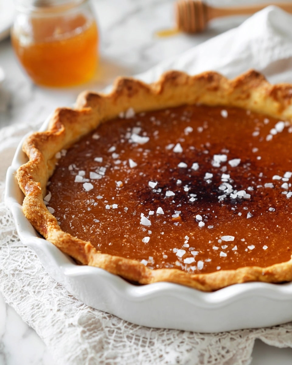 The image shows a pie with two layers: a rough-textured golden-brown crust forming the base and edges with a slightly wavy rim, and a rich caramel-brown glossy top layer that looks smooth but has some darker toasted spots. Scattered on the top are white flakes, likely sea salt, adding a bit of texture contrast. The pie is placed in a white ceramic pie dish with a scalloped edge, resting on a white lace cloth over a white marbled surface. In the blurred background, there is a honey jar with a honey dipper partially visible. Photo taken with an iphone --ar 4:5 --v 7