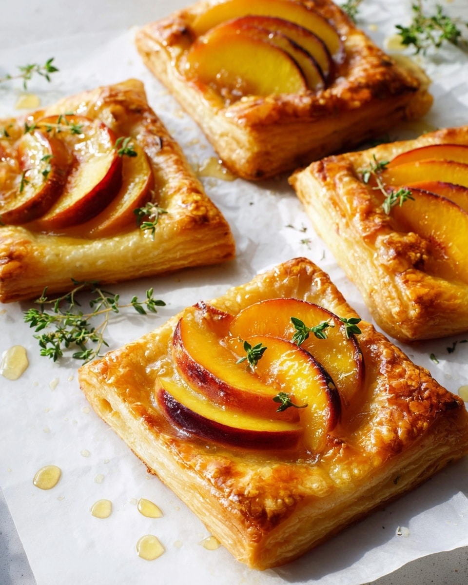 The image shows four square peach pastries with three to four slightly curved peach slices on top of each. The pastries have golden-brown, flaky layers with a shiny glaze, giving them a crisp texture. Small green herb leaves, likely thyme, are scattered on and around the pastries, adding color contrast. The pastries rest on white parchment paper, which is set on a white marbled surface. Small droplets of honey or syrup are scattered around the pastries, catching light and adding a sticky shine. photo taken with an iphone --ar 4:5 --v 7