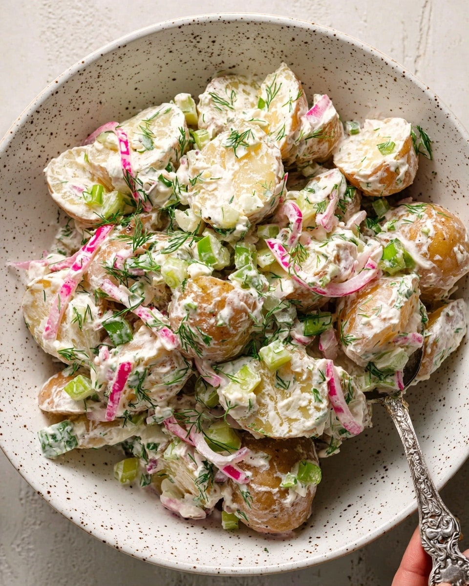The image shows a close-up of a creamy potato salad in a white speckled bowl on a white marbled surface. The salad has about three layers visible: the base layer is made of halved baby potatoes with a light brown skin and soft texture, covered in a thick white creamy dressing. Mixed within are thin slices of pinkish-red onions and small diced light green celery pieces, adding color and crunch. Chopped green herbs, likely chives and dill, are sprinkled on top, giving a fresh, bright look. A woman's hand holds a silver spoon with a decorative handle, scooping some salad from the bowl. The overall color palette mixes creamy white, soft brown, green, and pinkish-red, all in a natural, pleasing presentation. photo taken with an iphone --ar 4:5 --v 7