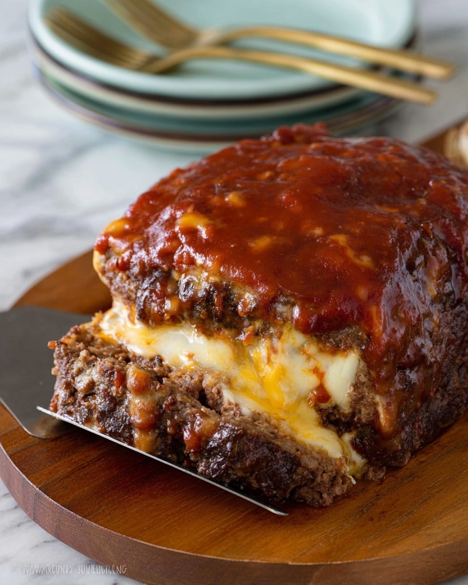 A close-up view of a layered meatloaf dish placed on a wooden board, showing two thick layers of dark brown cooked meat with a moist texture. Between the meat layers, there is a melted pale yellow cheese layer slightly oozing out. The entire meatloaf is covered with a thick, glossy reddish-brown sauce that has a smooth texture. A metal spatula is partially under the meatloaf, lifting it slightly. In the background, a few stacked pale blue plates and two gold forks rest on the white marbled surface. Photo taken with an iphone --ar 4:5 --v 7