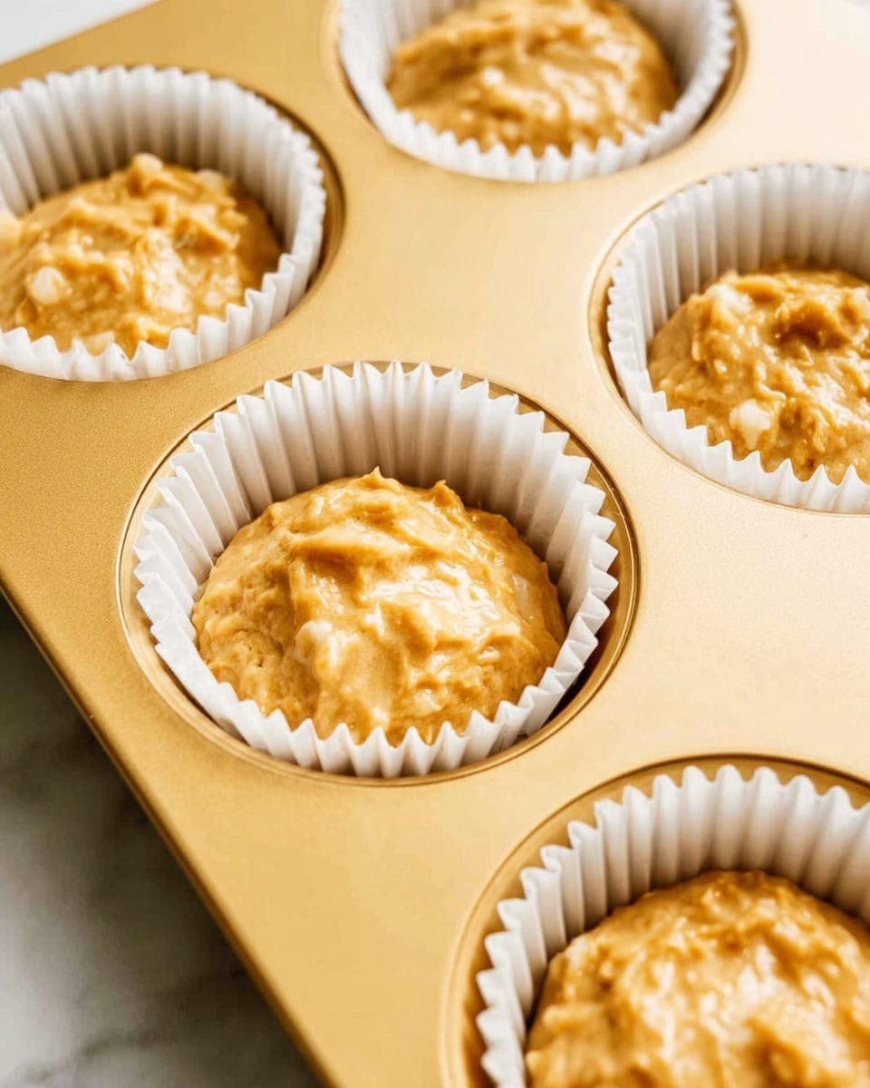 The image shows a close-up of a gold-colored muffin tray with four white paper liners inside each cup. Each liner holds a light brown, smooth batter mixed with small chunks, filling about two-thirds of the liners. The tray is set on a white marbled surface, and the lighting is bright, making the batter look fresh and creamy. photo taken with an iphone --ar 4:5 --v 7