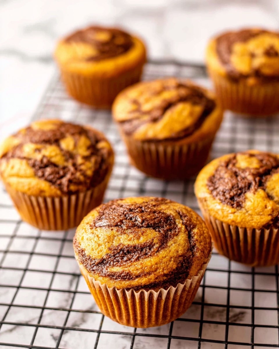 The image shows six golden brown muffins with darker brown swirls on top, placed on a black wire cooling rack. The muffins have a slightly rough texture with swirled chocolate patterns that create a marbled look. The background surface is a white marbled texture, adding a clean and soft contrast to the warm tones of the muffins. The focus is on the muffins at the front with some blurred muffins in the back, creating a depth effect. photo taken with an iphone --ar 4:5 --v 7