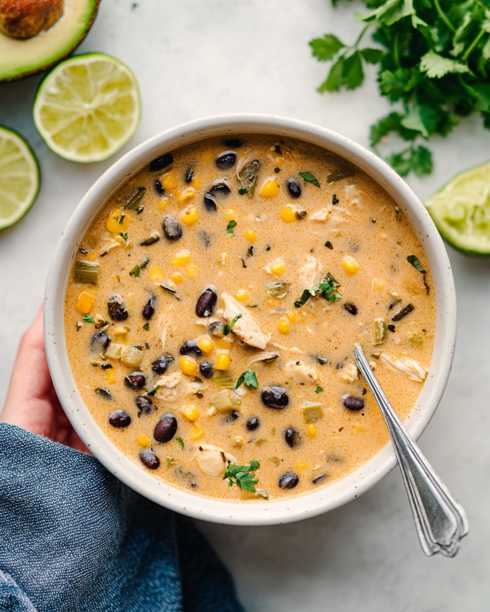 A white bowl filled with creamy soup showing a light orange base mixed with visible chunks of black beans, whole corn kernels, shredded chicken, and small green herb pieces scattered throughout. A silver spoon rests inside the bowl on the right side, held by a woman's hand with a blue cloth beneath it. The background is a white marbled texture with halves of lime and an avocado on the left and some fresh green herbs in the upper right corner. Photo taken with an iphone --ar 4:5 --v 7