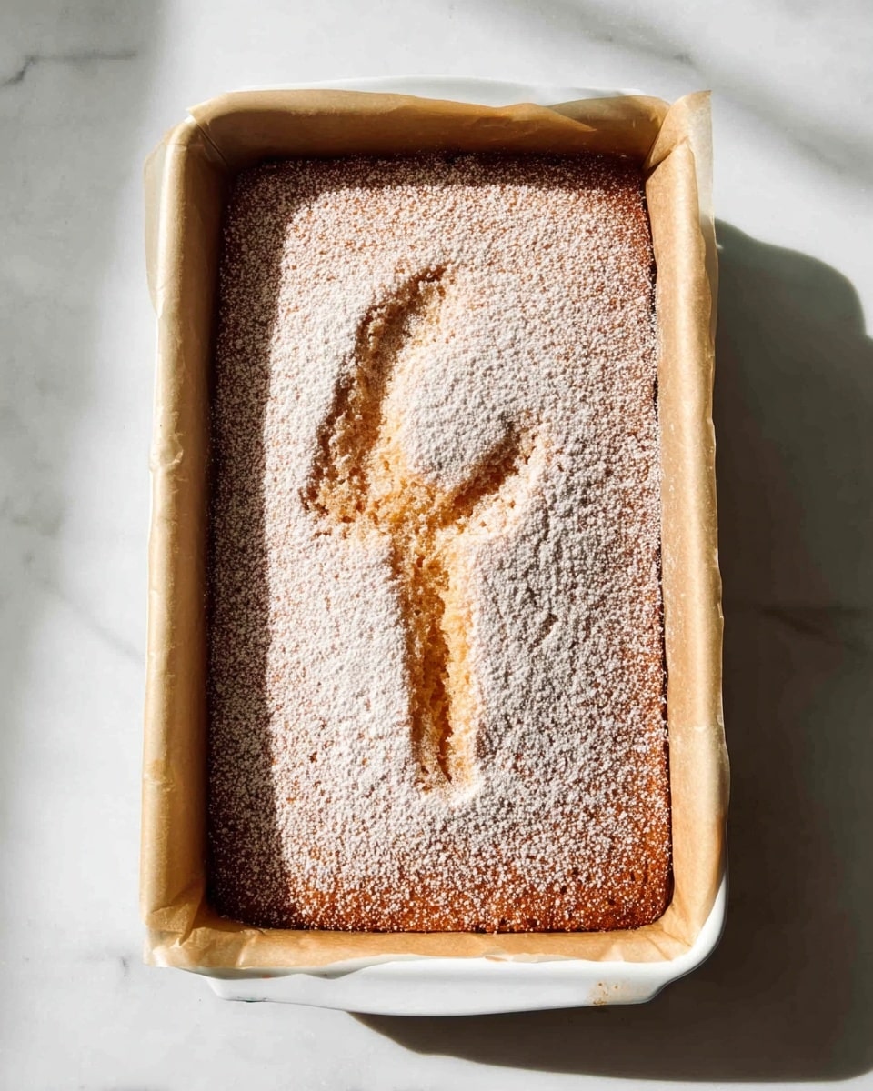 A rectangular white baking dish lined with parchment paper holds a freshly baked golden-brown cake dusted with a layer of fine light beige powdered sugar that covers the entire top surface. The powdered sugar has an indentation in the shape of a small dancing figure, revealing the darker brown cake underneath. The scene is set on a white marbled surface with soft natural light casting gentle shadows. photo taken with an iphone --ar 4:5 --v 7