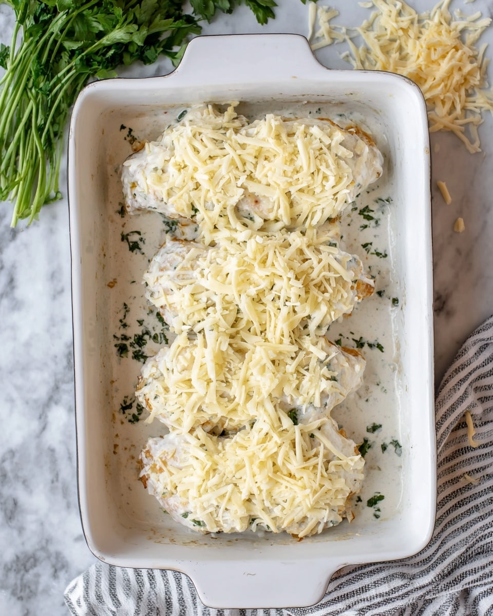 The image shows a white rectangular baking dish with four pieces of food arranged in two rows. Each piece is covered in a thick, white creamy sauce mixed with herbs, topped generously with a layer of shredded light yellow cheese. The dish sits on a white marbled surface, with a bundle of fresh green herbs on the upper left and some loose shredded cheese near the top right. A striped cloth partially peeks from the bottom right corner. photo taken with an iphone --ar 4:5 --v 7