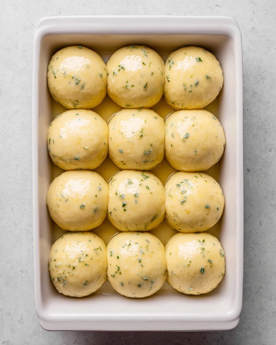 The image shows twelve smooth, round dough balls placed neatly in a white rectangular baking dish. The dough balls are light yellow with small green herb pieces evenly mixed throughout. They are arranged in three rows and four columns, touching each other slightly. The surface of each dough ball is shiny and slightly reflective, suggesting an egg wash or oil coating. The white dish sits on a white marbled surface, and the photo is taken from above, clearly showing the even spacing and uniform size of the dough balls. photo taken with an iphone --ar 4:5 --v 7