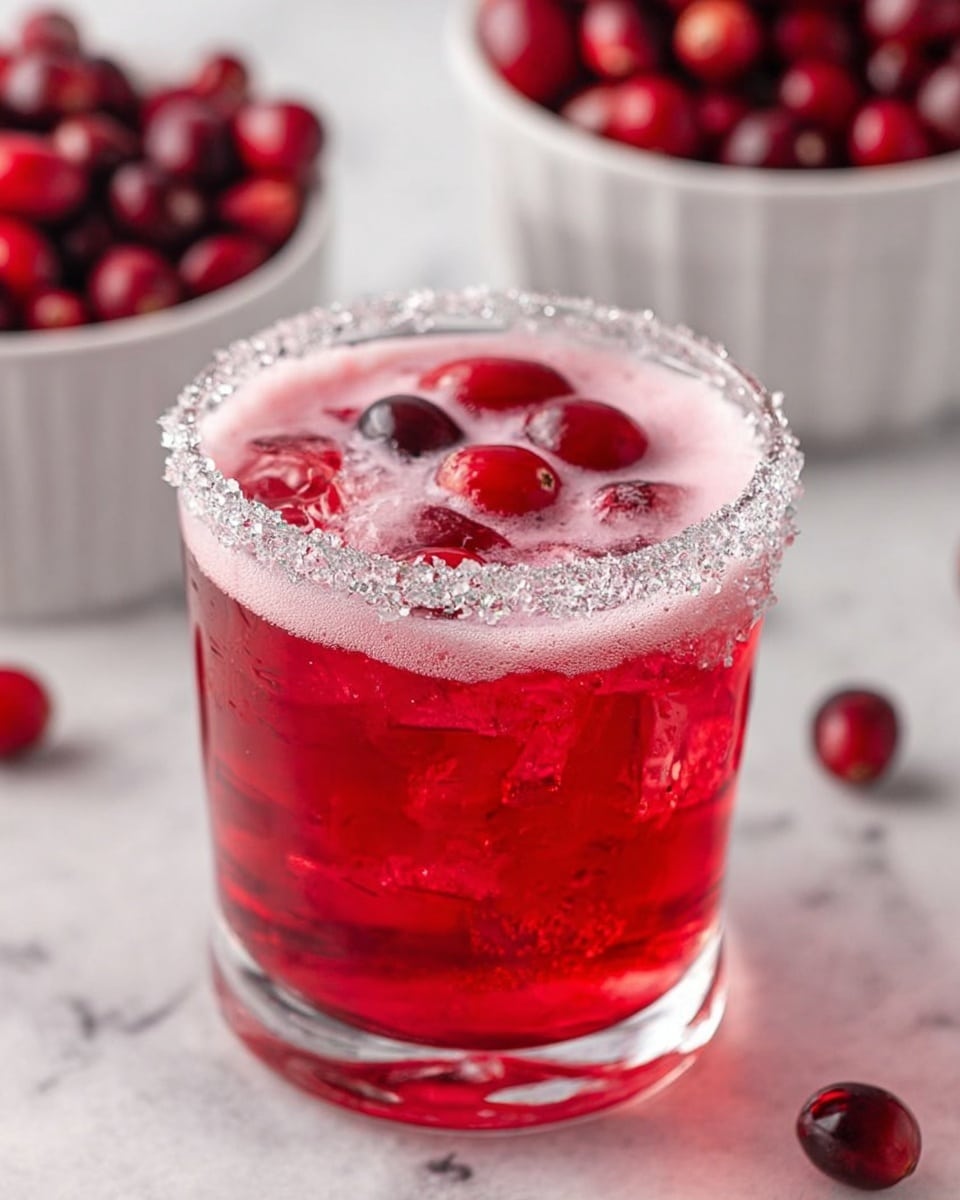 The image shows a clear glass filled with a bright red drink. The drink has ice cubes and several red cranberries floating inside, with a foamy, light pink layer on top. The glass rim is coated with sparkling sugar crystals. In the background, there is a white bowl full of red cranberries, all placed on a white marbled surface. Photo taken with an iphone --ar 4:5 --v 7