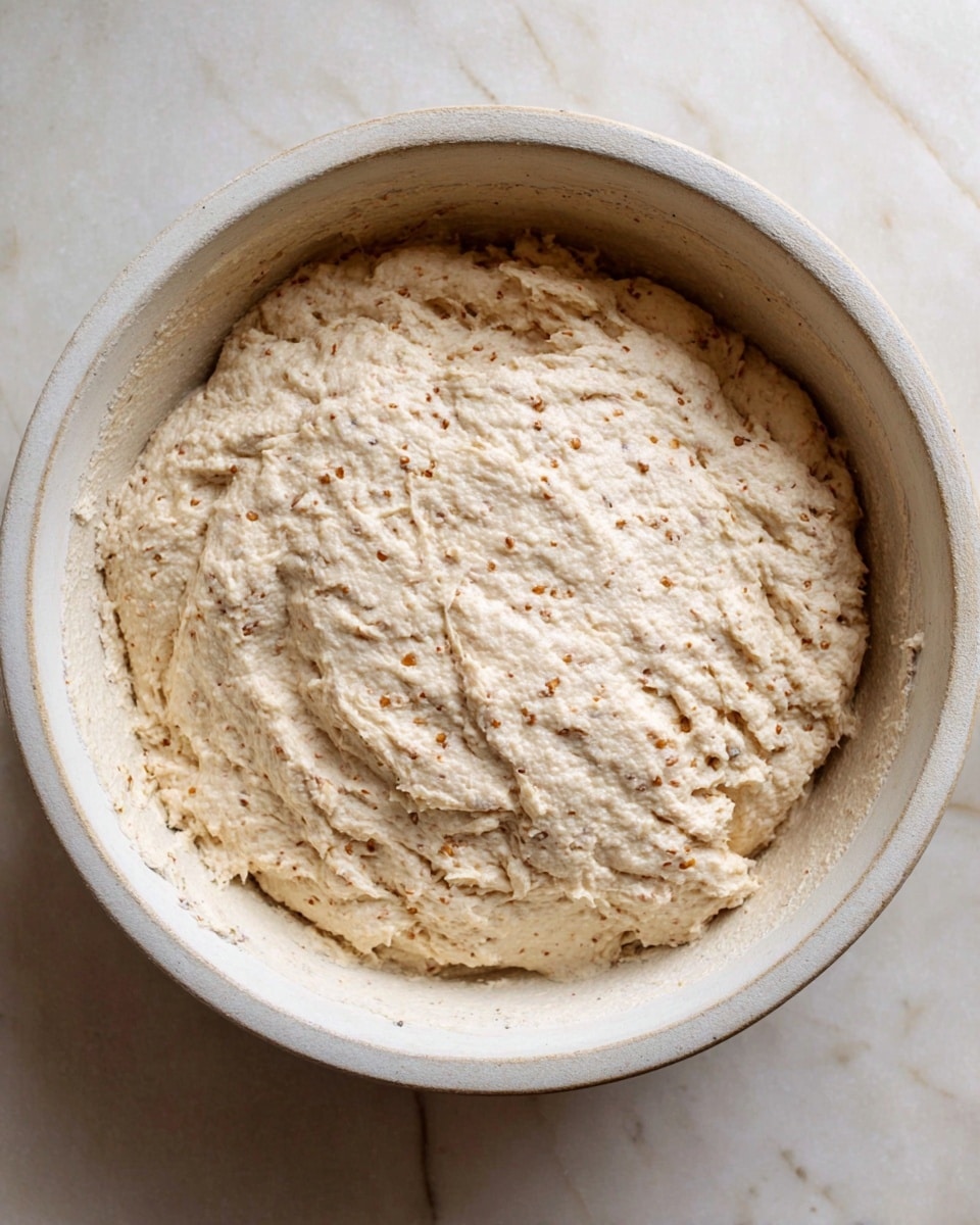 A thick, pale beige dough with visible small brown specks and grainy bits is placed loosely in a simple white bowl with a slightly worn texture. The dough looks soft and sticky with an uneven, rough surface and some folds and crevices. The bowl sits on a white marbled surface, enhancing the natural, rustic feel of the image. photo taken with an iphone --ar 4:5 --v 7