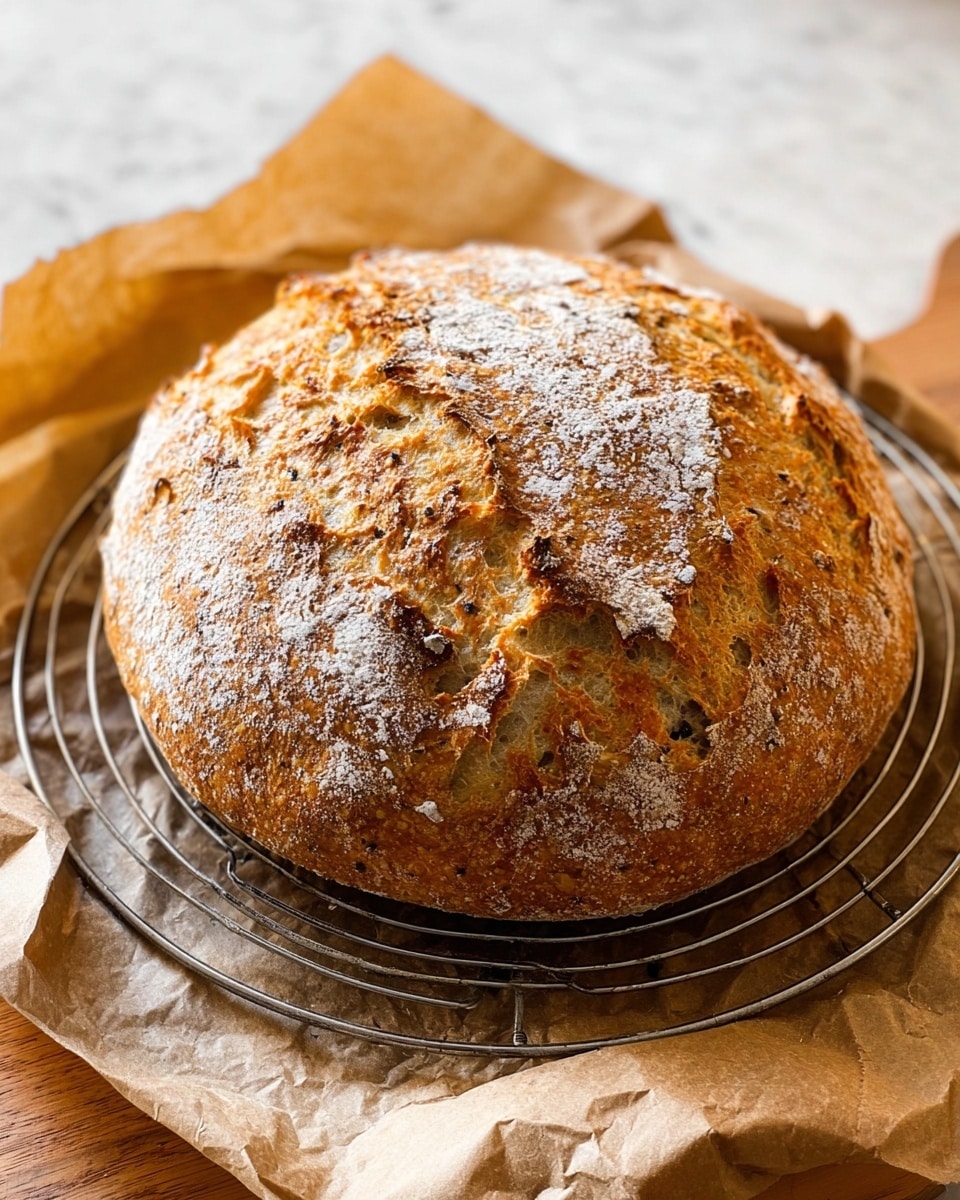 A round loaf of bread with a golden brown crust and a slightly cracked surface. The top shows light dusting of white flour and dark specks inside the crust, giving a rustic look. The bread rests on a round metal cooling rack placed on crumpled parchment paper over a wooden board, all set against a white marbled texture. The crust texture is rough and crunchy with uneven rising marks on the surface photo taken with an iphone --ar 4:5 --v 7
