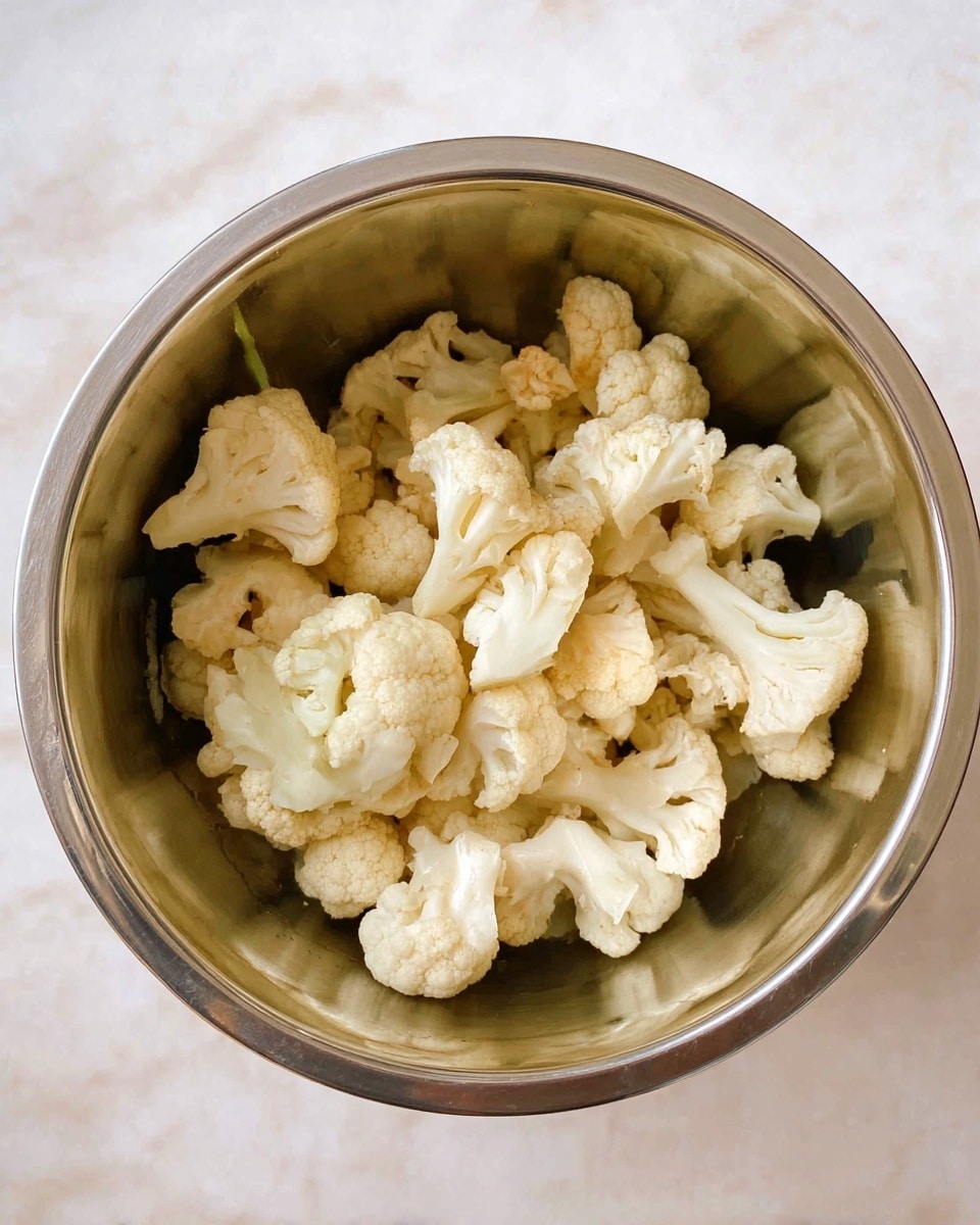 A shiny metal bowl filled with light cream-colored cauliflower florets placed in the center, showing uneven, rough textures of the cauliflower pieces, all sitting on a white marbled surface photo taken with an iphone --ar 4:5 --v 7