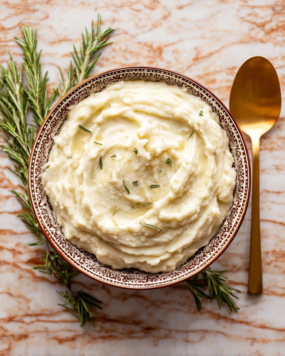 A bowl with a detailed brown and white design holds creamy mashed potatoes with a smooth, slightly textured surface and some small bits showing, giving it a soft, fluffy look; the bowl sits on a white marbled surface with fresh sprigs of green rosemary placed around it, and a shiny gold spoon lies to the right side of the bowl, catching light softly; the mashed potatoes fill the bowl almost to the top in gentle swirls. photo taken with an iphone --ar 4:5 --v 7