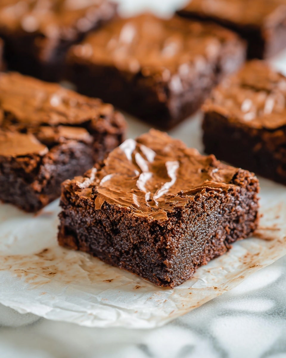 The image shows six square pieces of dark brown brownies on crinkled white parchment paper, placed on a white marbled surface. Each brownie has a slightly crinkled, shiny, and textured top layer with visible cracks, while the inside looks rich, moist, and dense. The brownies are arranged in two rows, with the nearest brownie prominently in focus in the front, showing its thick, crumbly sides and soft center. The background brownies are slightly blurred, emphasizing the front piece. photo taken with an iphone --ar 4:5 --v 7