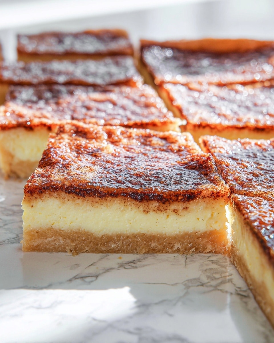 The image shows a rectangular baked dessert cut into small square pieces. It has three visible layers: the bottom layer is a light golden brown crust, the middle layer is a thick, creamy pale yellow custard, and the top layer is a slightly darker brown with a textured, glossy surface that looks like cinnamon and sugar glaze. The dessert is placed on a white marbled surface with bright lighting enhancing its moist and soft look. Photo taken with an iphone --ar 4:5 --v 7