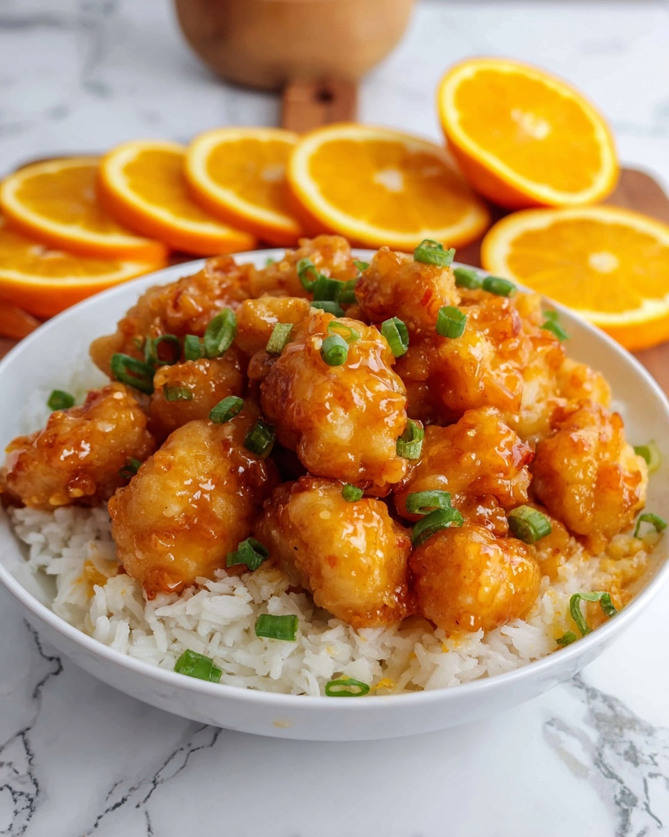 Chinese Orange Chicken Recipe 5 A white plate holds a bed of white rice as the first layer. On top, there is a pile of golden-brown fried chicken pieces covered in a bright orange, shiny sauce. Small green onion slices are sprinkled over the chicken, adding a touch of green color. Behind the plate, there are orange slices placed on a white marbled surface. One orange slice is leaning on the plate, showing its inner juicy texture. The whole scene is set on a white marbled background. Photo taken with an iphone --ar 4:5 --v 7