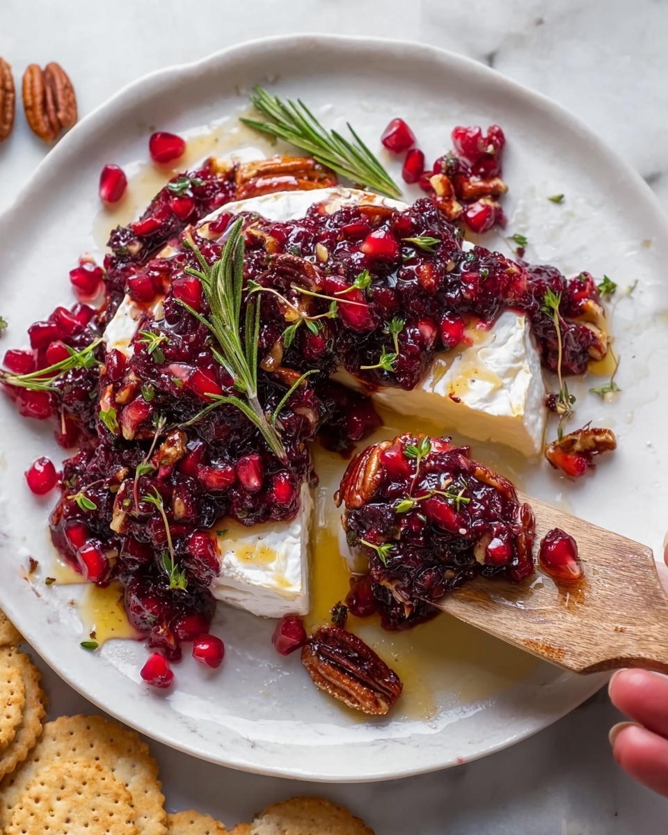 Cranberry Pomegranate Baked Brie Recipe 5 A white plate on a white marbled surface holds a wedge of soft white cheese with a smooth and creamy texture. On top of and around the cheese is a thick layer of dark red berry compote mixed with bright red pomegranate seeds. Scattered across the dish are small green rosemary sprigs and chopped brown pecans. Golden honey is drizzled over the cheese, pooling a little on the plate. A wooden spreader is positioned on the right side, lifting some of the cheese with the berry topping. A woman's hand is seen in the top right side gently holding the plate, with a few pieces of crackers visible at the bottom left corner. Photo taken with an iphone --ar 4:5 --v 7