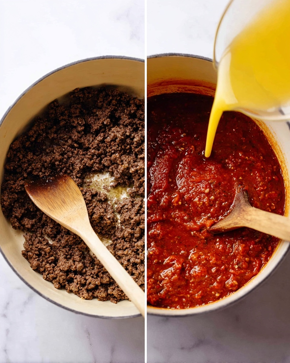 Lasagna Soup Recipe 4 The image shows two side-by-side close-up views of a white pot on a white marbled surface. On the left side, inside the pot is a single layer of cooked ground beef, dark brown with a crumbly texture, being stirred with a wooden spoon resting in the pot. On the right side, the pot contains a mix of dark red tomato paste with a thick texture at the bottom, with a stream of yellow liquid, possibly broth, being poured in from above, and the wooden spoon is partly submerged in the mixture near the edge. Photo taken with an iphone --ar 4:5 --v 7