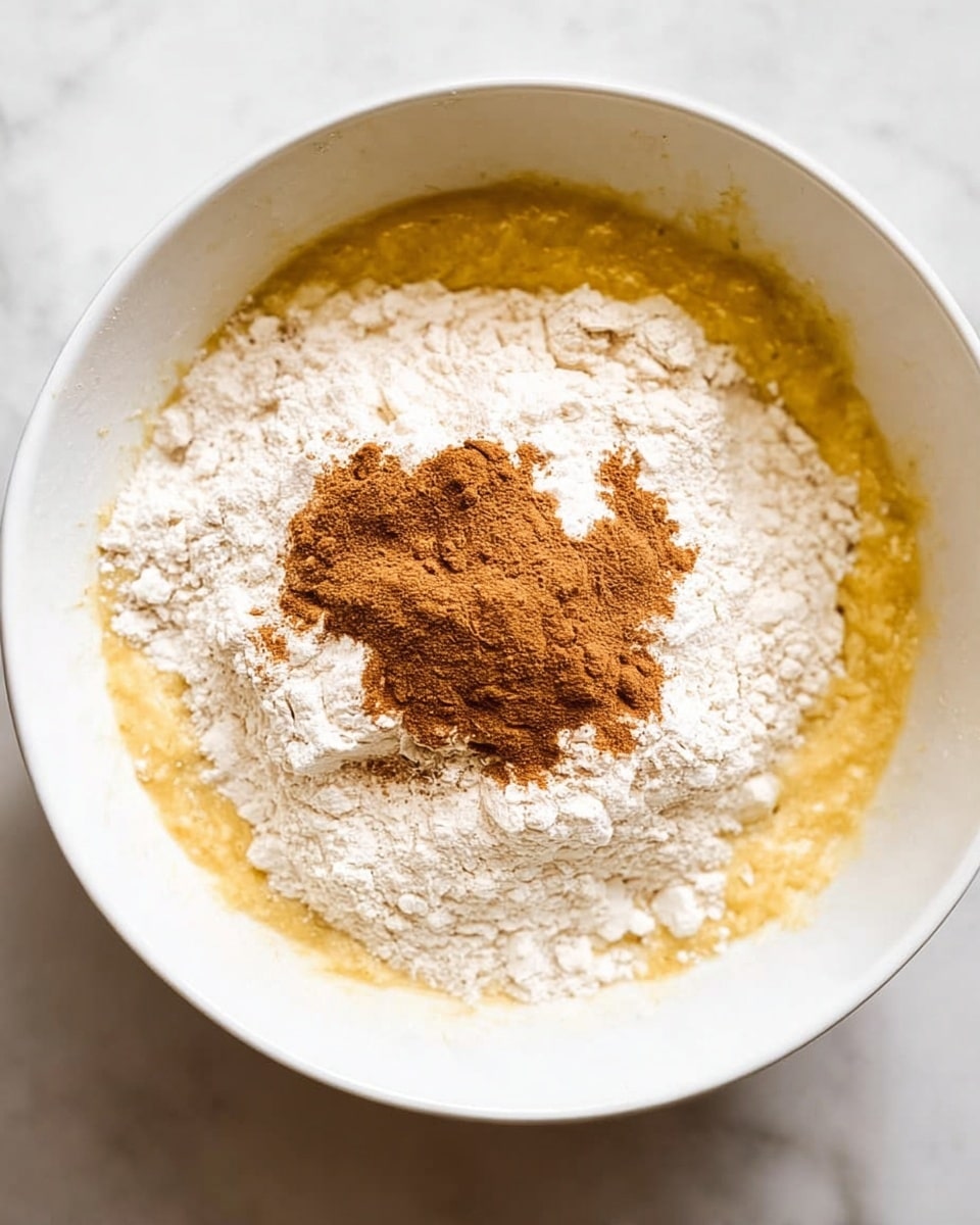 In a white bowl on a white marbled surface, there are three visible layers of ingredients: the bottom layer is a thick yellow batter, the middle layer is a mound of light beige flour, and on top of the flour, there is a smaller pile of brownish cinnamon powder in the center. The bowl is viewed from above, showing a clear contrast between the white flour and the darker cinnamon powder. Photo taken with an iphone --ar 4:5 --v 7