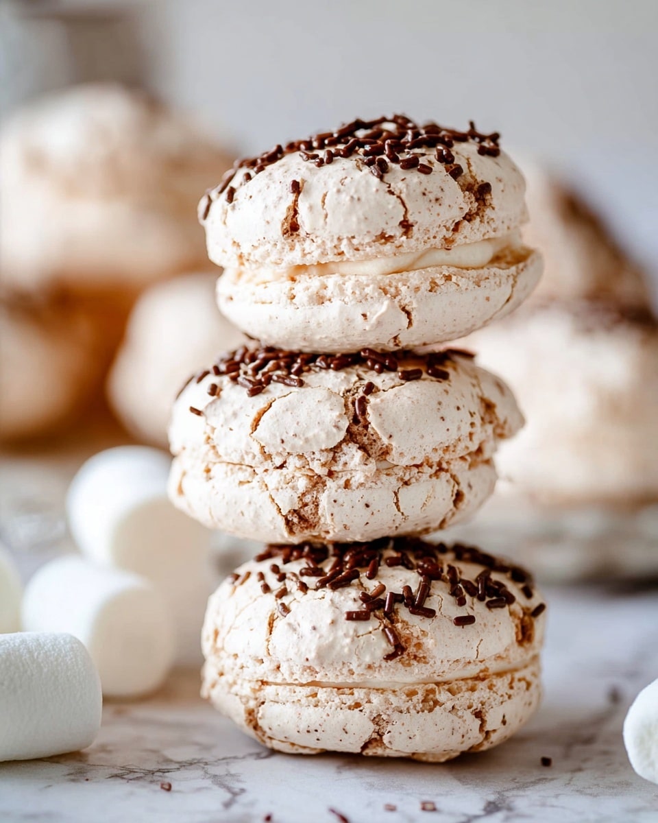 A close-up of a stack of three light beige macarons with cracked, rough textures and dark brown chocolate sprinkles scattered on the top surfaces of each macaron, placed on a white marbled surface. The macarons look soft and airy, with a slightly irregular shape and a crumbly exterior. In the blurred background, more macarons and some white marshmallows can be seen, adding depth to the image. photo taken with an iphone --ar 4:5 --v 7