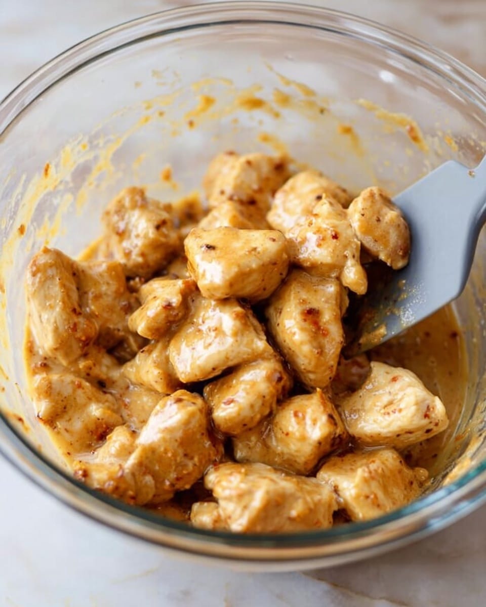 Inside a clear glass bowl, small chunks of light golden brown chicken pieces are mixed gently in a creamy light brown sauce with visible spices. A gray spatula is holding and stirring some of the chicken pieces. The bowl is resting on a white marbled surface. The texture of the chicken looks soft but cooked with some browned edges, and the sauce appears smooth and thick, coating each piece evenly. photo taken with an iphone --ar 4:5 --v 7