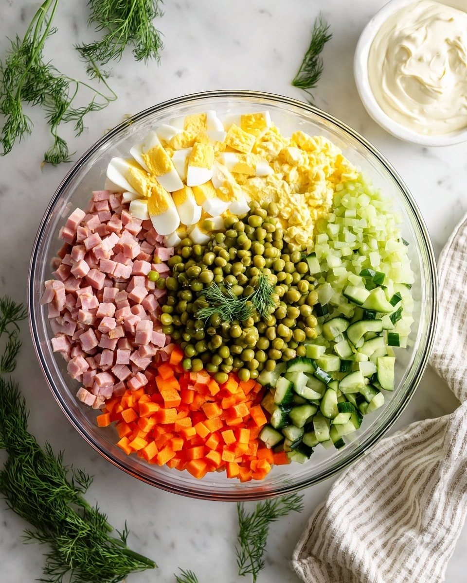 A clear glass bowl sits on a white marbled surface, filled with seven distinct layers arranged in separate sections. Starting from the left, there is a section of small, pinkish diced ham, followed by a bright yellow and white chopped hard-boiled egg layer at the top. Next, there is a layer of light green chopped pickles on the upper right, contrasting with a vivid orange diced carrot section just below it. At the bottom right, a mix of fresh chopped cucumber pieces show different shades of green. In the center, a pile of round green peas topped with small sprigs of fresh dill creates a focal point. Nearby, a small white bowl filled with creamy mayonnaise rests at the top right, while some sprigs of dill and a white and beige striped cloth are placed on the white marbled background. Photo taken with an iphone --ar 4:5 --v 7