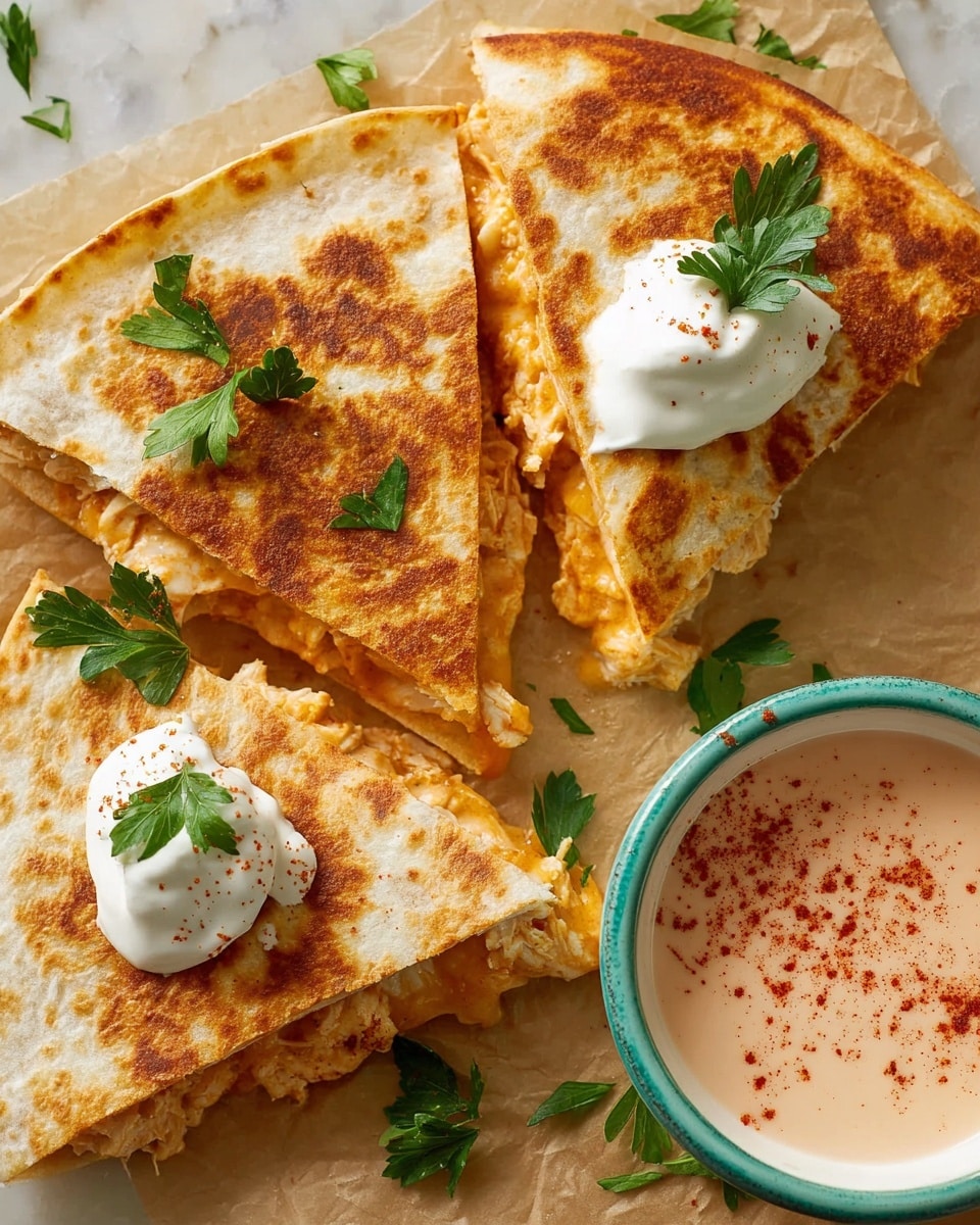 The image shows a close-up of three quesadilla pieces arranged on light brown parchment paper over a white marbled surface. The quesadilla has a golden-brown toasted tortilla with a slightly crisp texture. Inside, there is melted light orange and white cheese mixed with small pieces of chicken, creating a soft, stretchy filling seen oozing slightly from one piece. One quesadilla piece has a dollop of white sour cream topped with a small green parsley leaf and a light sprinkle of red spice powder. Fresh green parsley leaves are scattered on top and around the quesadillas for garnish. On the side, there is a white bowl with a teal rim filled with light orange dipping sauce. Photo taken with an iphone --ar 4:5 --v 7