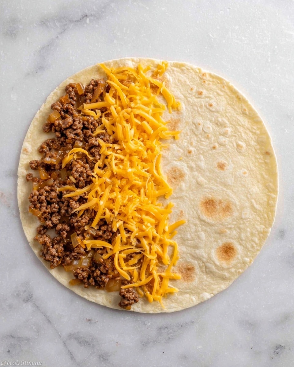 A soft, beige tortilla lies flat on a white marbled surface, half covered with a layer of cooked ground beef mixed with small bits of onion, displaying a rich brown color with a slightly crumbly texture. On top of the meat, there is a generous layer of shredded bright orange cheddar cheese, scattered unevenly but mostly concentrated on the left half of the tortilla. The right half of the tortilla is plain, showing its smooth texture and faint circular patterns from cooking. photo taken with an iphone --ar 4:5 --v 7