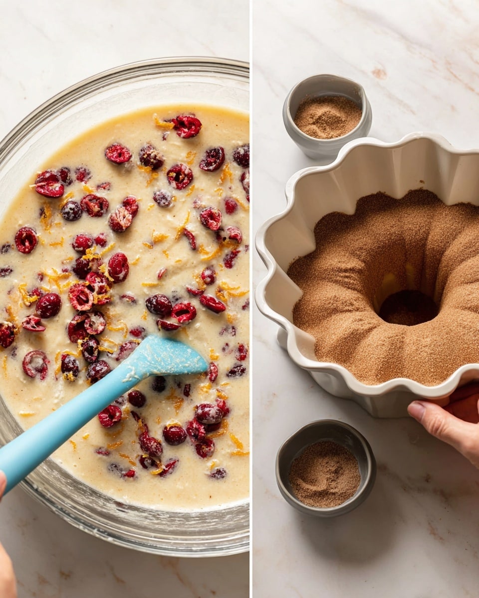 On the left, there is a clear glass bowl filled with light beige batter mixed with bright red cranberries and small orange zest pieces, with a blue spatula stirring the batter. On the right, a white Bundt cake pan is shown with one layer of the same light beige batter at the bottom, partially covered with a thick, even layer of brown cinnamon sugar being sprinkled from a spoon held by a woman's hand; a small gray bowl of more cinnamon sugar sits nearby on a white marbled surface. Photo taken with an iphone --ar 4:5 --v 7