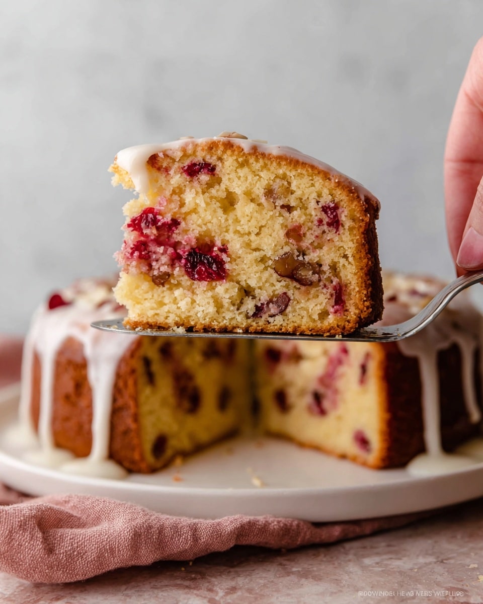A slice of cake with two layers is shown being lifted with a metal spatula by a woman's hand. The cake has a light golden brown crust and a soft inside that is pale yellow in color. There are bright red cranberry pieces and bits of brown nuts mixed throughout the inside of the cake. The top of the cake is covered with a thin layer of white icing that is slightly dripping down the sides. The slice is on a white plate, with more cake visible in the background on a white marbled surface. A soft pink cloth is placed near the plate. Photo taken with an iphone --ar 4:5 --v 7