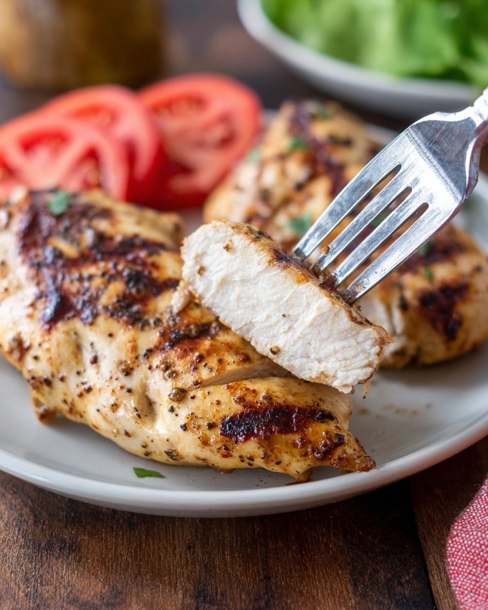 A white plate holds two pieces of cooked chicken with a golden brown and slightly charred surface, showing some grill marks and pepper seasoning. A fork is piercing a small slice of one chicken piece, lifting it slightly from the plate. The background is a wooden surface with a few slices of bright red tomato and green lettuce leaves nearby. The scene is captured close-up, showing the texture of the chicken clearly. Photo taken with an iphone --ar 4:5 --v 7