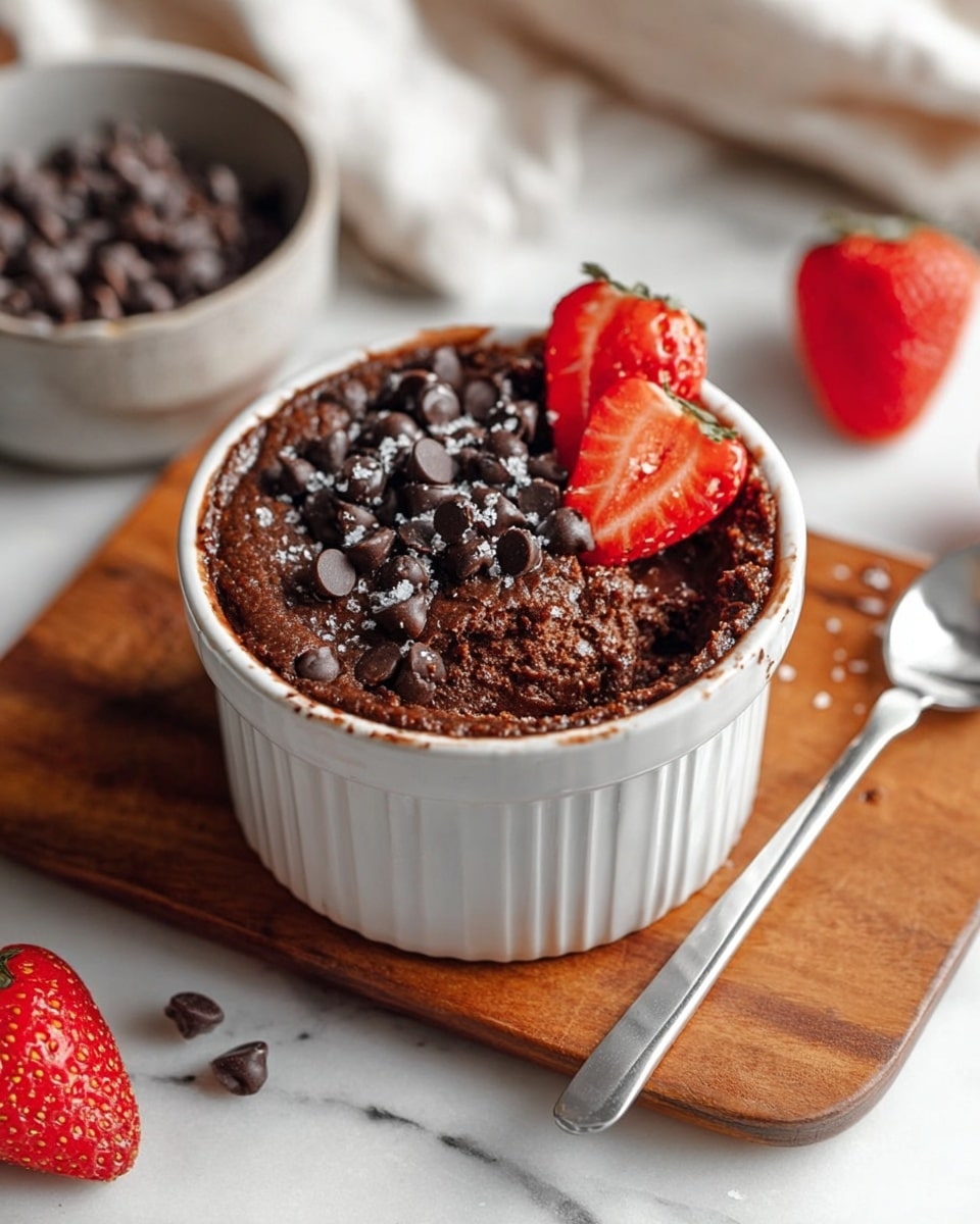 A white round ceramic ramekin filled with three layers: the bottom layer is a thick dark chocolate oat mixture with a rough texture, the middle layer is a dense chocolate surface topped with scattered shiny dark chocolate chips, and the top layer has a slight sprinkle of coarse salt crystals and two bright red strawberries, one whole and one sliced in half, placed on the edge. A silver spoon rests inside the ramekin with its handle pointing outward. The ramekin is on a wooden board against a white marbled background, with a bowl of chocolate chips and scattered strawberries around. Photo taken with an iphone --ar 4:5 --v 7