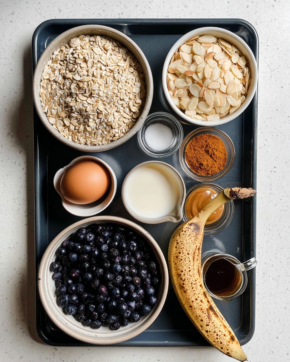 A white bowl filled with light beige rolled oats takes the top left place on a black tray, while in the center bottom, a grayish bowl holds a large pile of dark blue blueberries. To the right of the oats, a small white bowl contains a mix of ground spices in warm orange and reddish brown shades. Below it, a peeled banana with dark spots lies on the tray’s right side. Near the banana, small clear bowls show white salt, dark brown liquid, a light brown creamy paste, and pale golden applesauce. A whole brown egg rests to the left of the oats next to a metal measuring cup filled with slivered almonds. In the tray bottom left, there is an opened glass jar with off-white milk and a small white pitcher with thick dark syrup. The tray sits on a white marbled surface, photo taken with an iphone --ar 4:5 --v 7