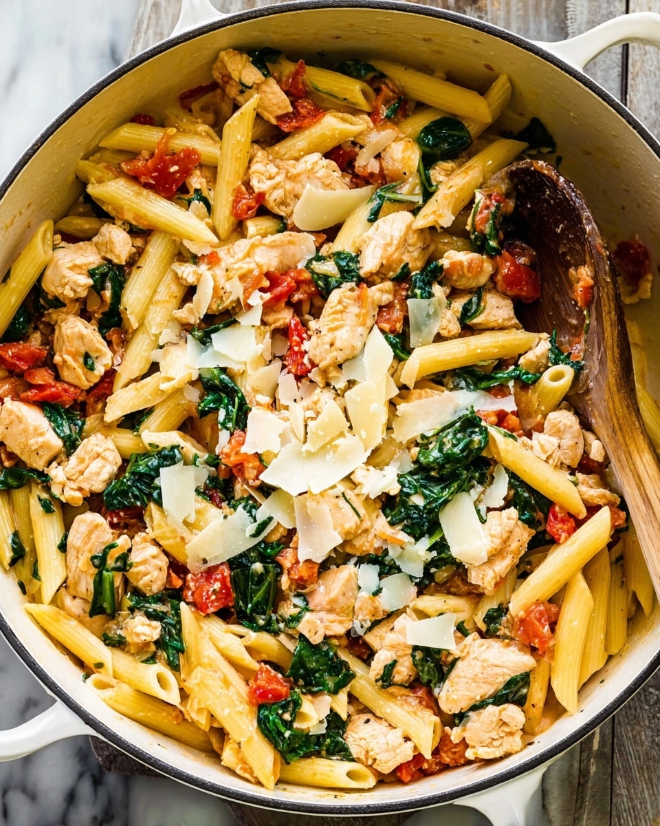 A white bowl filled with pasta penne mixed with cooked spinach, chunks of light tan chicken, small pieces of red tomato, and melted white cheese all combined, with a silver fork resting inside the bowl, sitting on a dark wooden surface next to a striped cloth napkin and some green spinach leaves and cheese shards visible in the top left corner, photo taken with an iphone --ar 4:5 --v 7