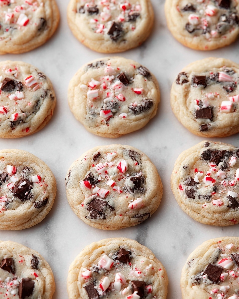 A close-up view of three stacked cookies on a white marbled surface shows the top cookie broken in half, revealing a soft, light brown dough with dark chocolate cookie chunks and bright red candy pieces inside. The middle and bottom cookies have a similar texture with visible dark chocolate chips and whole chocolate cookie pieces embedded in the dough. The cookies look thick and soft with a slightly crumbled texture, and the background is softly blurred with warm bokeh lights adding a cozy atmosphere. photo taken with an iphone --ar 4:5 --v 7