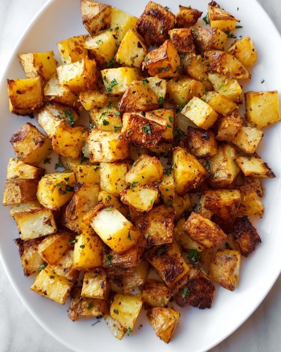 A close-up view of a white plate filled with many small cubes of cooked potatoes that are golden brown with a slight crispy texture. The potatoes show some darker browned spots with a seasoning sprinkle, and small green herb pieces are scattered among them. The plate sits on a white marbled surface. Photo taken with an iphone --ar 4:5 --v 7
