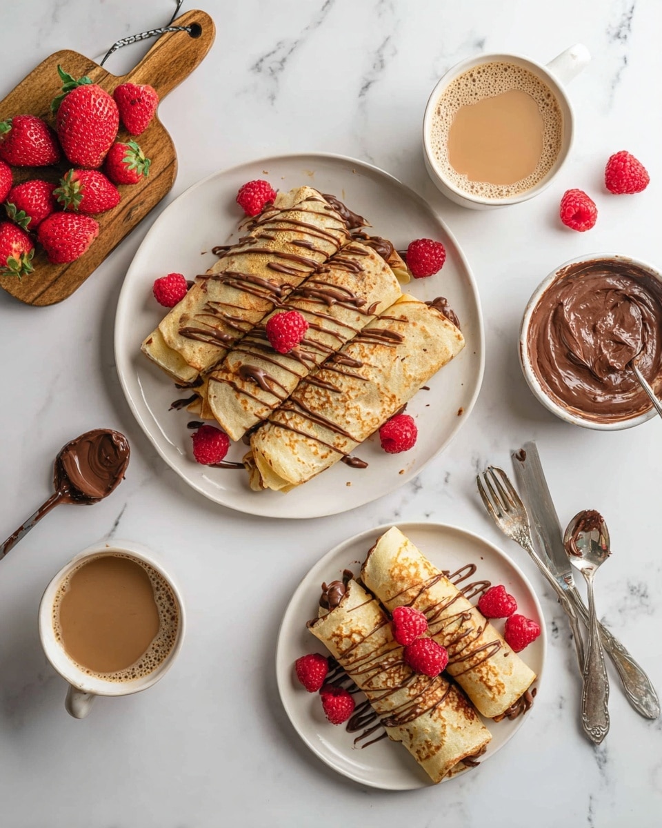 The image shows two white plates on a white marbled surface. The plate at the bottom center holds a stack of seven rolled crepes with light golden brown color and chocolate sauce drizzled on top. Around the plate are fresh red raspberries scattered for decoration. The plate at the top left has two similar rolled crepes with some raspberries placed around them. To the right side on the marbled surface, there is a small wooden board with bright red strawberries and raspberries, a small bowl with chocolate spread, and a spoon with chocolate spread on a crumpled piece of white paper. Two beige cups filled with coffee are placed on the surface, one near the bottom left with a spoon beside it, and one near the top center. Two silver forks are positioned at the bottom right. photo taken with an iphone --ar 4:5 --v 7