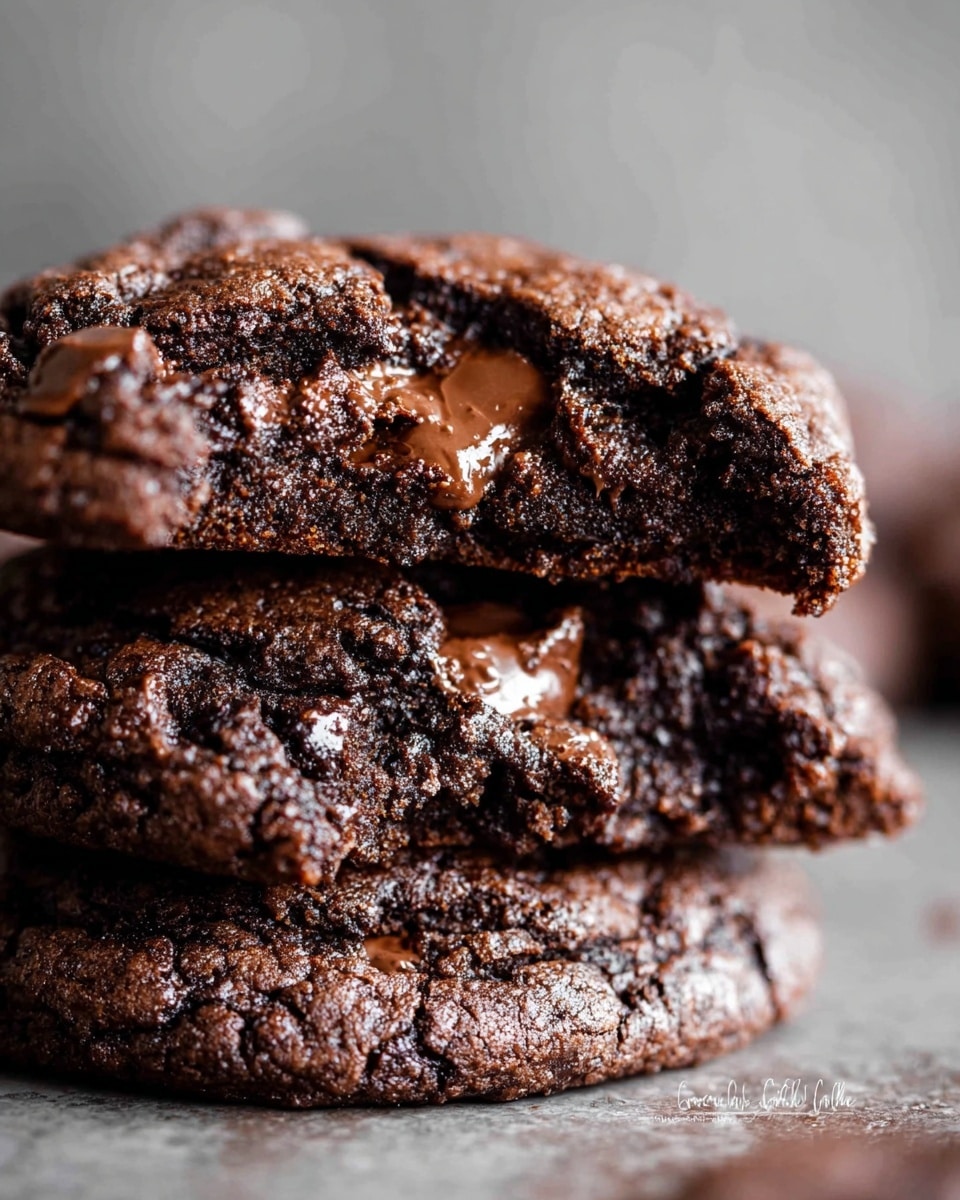 A close-up view of a stack of three dark brown chocolate cookies with a rough, crackled surface. The top cookie is broken in half, showing a moist, soft inside with melted chocolate chunks in a lighter brown color spread unevenly within the dense texture. The cookies have a crumbly look with shiny melted spots, and the background is blurred with a soft gray tone. photo taken with an iphone --ar 4:5 --v 7